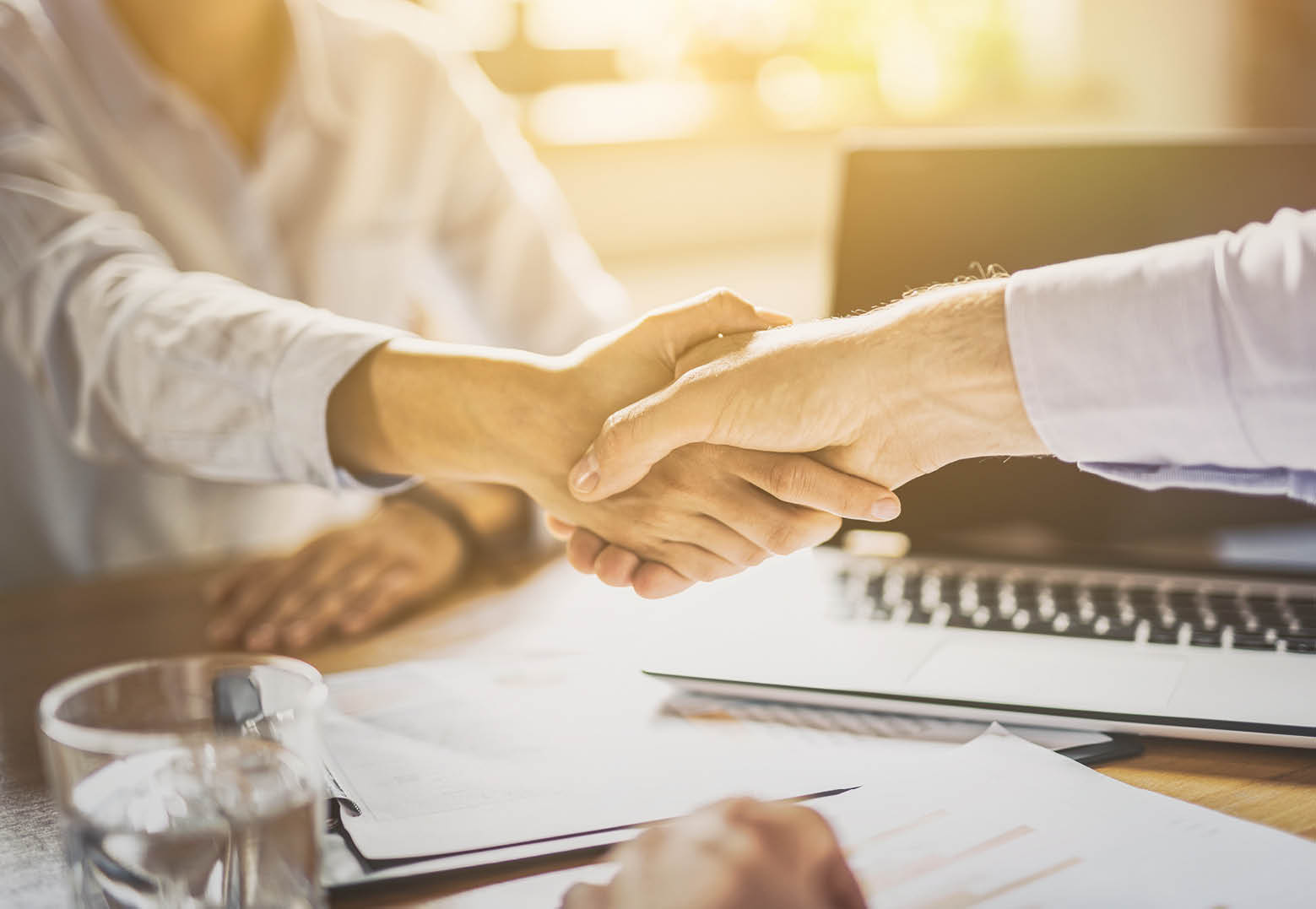 Business people shaking hands, finishing up meeting  Successful businessmen handshaking after good deal 